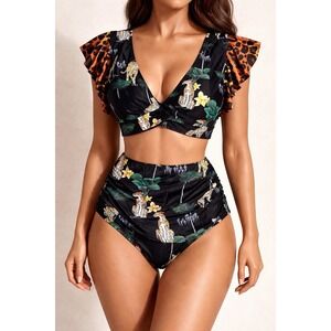 Sporlike Women's High Waist Bikini Set 2-Piece Black Tropical Leopard Large